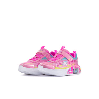 Pair of pink Skechers kids' sneakers with laces, hook-and-loop straps, and white soles