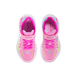 Pair of pink Skechers kids' sneakers viewed from above, with laces and hook-and-loop straps