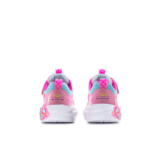 Pair of pink Skechers kids' sneakers viewed from the back, with thick white soles