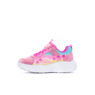 Pink kids' sneaker with palm tree graphics, turquoise accents, and a thick white sole