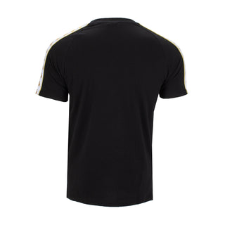 Men's black short-sleeve tee back with yellow stripe on shoulders