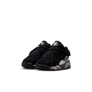 Toddler black low-top sneaker, rear view with silver camo-style panel detail