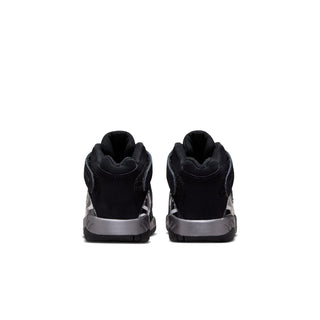 Toddler black low-top sneaker, back view with gray midsole and padded heel