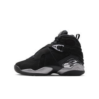 Youth black high-top sneakers with metallic silver overlays and lace-up front