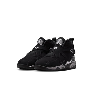 Kids black high-top basketball sneakers, side-by-side view, with silver accents and strap
