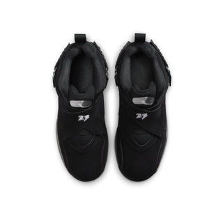 Kids black high-top basketball sneakers, front interior view showing padded collar and tongue