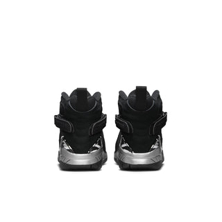 Kids black high-top basketball sneakers, back view with heel strap and silver outsole