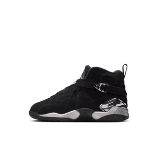 Kids black high-top basketball sneaker with silver swoosh-style panel and lace-up collar