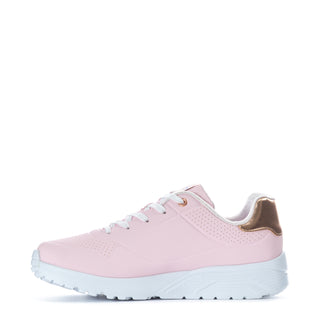 Pink youth sneaker, gold collar accent, white laces, and light blue tread sole