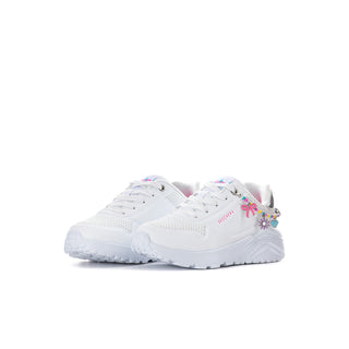 Kids' white low-top sneaker with gray collar and colorful bow-and-bead detail