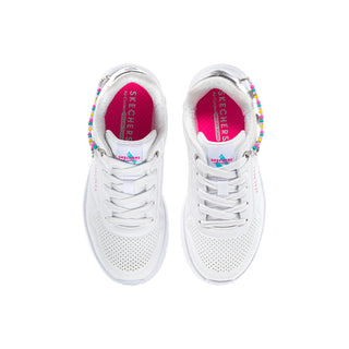 Kids' white sneaker pair with pink logo lining and lace-up front