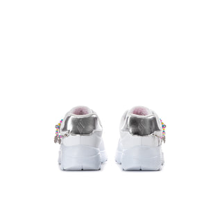 Kids' white sneaker back view with gray heel tab and colorful side beads