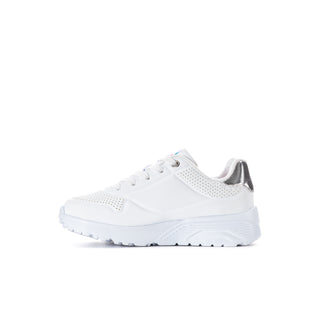 Kids' white lace-up sneaker with perforated side panel and gray collar