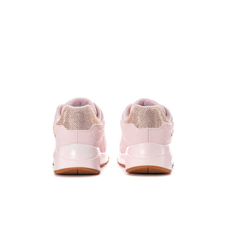 Rear view of light pink youth Skechers Uno Gen1 sneakers with textured heel panels and gum soles.