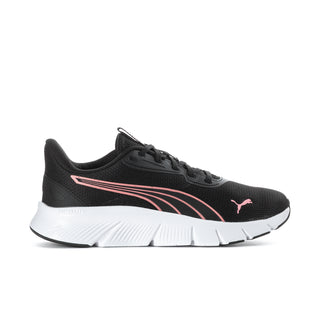 Black women's running shoe with pink side stripes and white cushioned sole