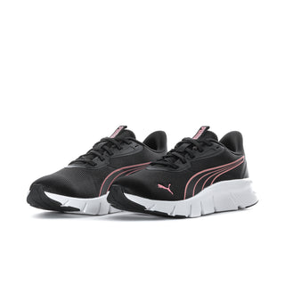 Pair of black women's running shoes with pink side stripes and white soles