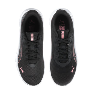 Black women's running shoes showing laces and inner tongue with PUMA logo