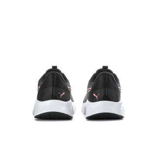Back view of black women's running shoes with white sole and PUMA logo