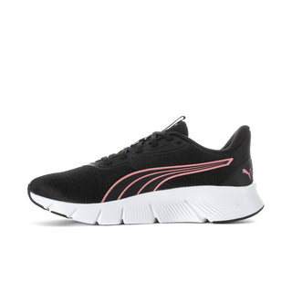 Black women's lace-up running shoe with pink stripes and white cushioned sole
