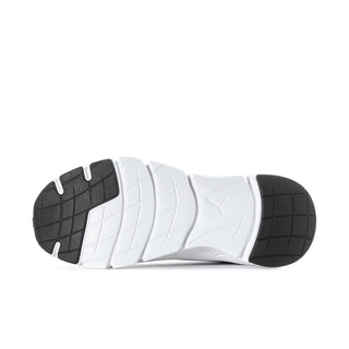 Black women's running shoe outsole with white midsole and grippy tread