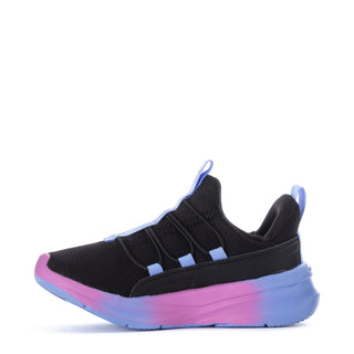 Kids black PUMA sneakers with blue straps and pink-to-purple midsole