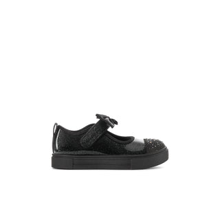 Black toddler Mary Jane shoe with glitter finish, bow strap, studded toe, and flat sole.