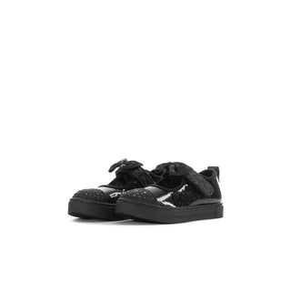 Pair of black glitter toddler Mary Jane shoes with bow straps and studded toes.