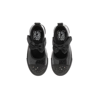 Top view of black glitter Mary Jane shoes with bows and studded toe caps.
