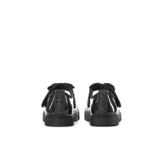 Back view of black glitter Mary Jane shoes with bow straps and pull tabs.