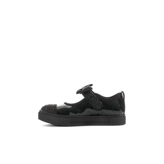 Side view of a black glitter Mary Jane shoe with a bow strap and studded toe.