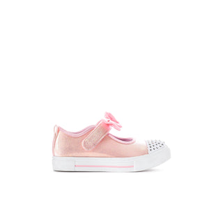Pink glitter Mary Jane sneaker with bow, hook-and-loop strap, studded toe cap, and white sole