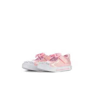 Pair of pink glitter Mary Jane sneakers with bows, studded toe caps, and white soles