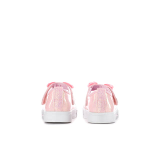 Pair of pink glitter Mary Jane sneakers viewed from the back