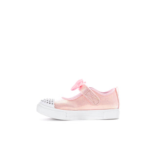 Side view of a pink glitter Mary Jane sneaker with bow, strap, studded toe cap, and white sole