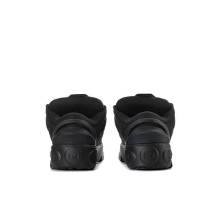 Black skate shoes, rear view with padded collar and grippy outsole tread
