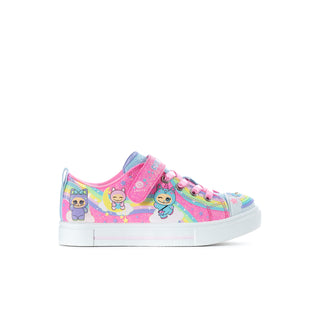 Kids low-top sneakers in pink multi with cartoon graphics, lace-up, white rubber sole.