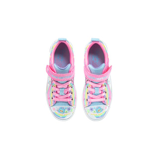 Kids low-top sneakers with pink collar and blue lining, lace-up, multicolor cartoon print.