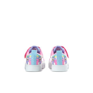 Kids low-top sneakers, multicolor with pink heel tab and cartoon side panels.