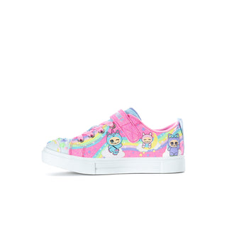 Kids low-top sneakers in pink multi with cartoon character print, lace-up, white sole.