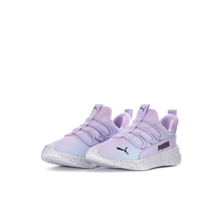 Pair of kids wide sneakers in light purple with PUMA logos and speckled white soles