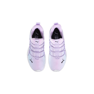 Kids wide sneakers light purple with heel tab and PUMA logo, lace-up rear view