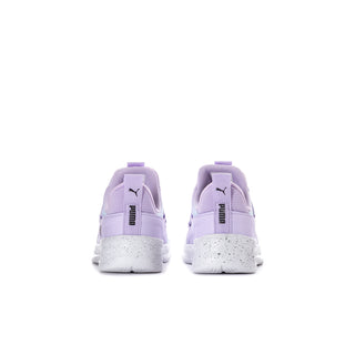 Kids wide sneakers light purple with rear strap and speckled white sole, PUMA heel logo