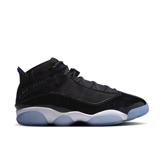 Men's black mid-top sneakers with blue accents and chunky white midsole
