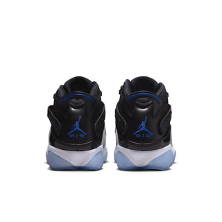 Men's black mid-top sneakers from heel view with blue trim and logo