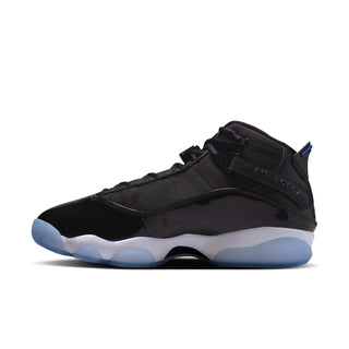 Men's black mid-top sneakers, side profile with strap detail and blue accents