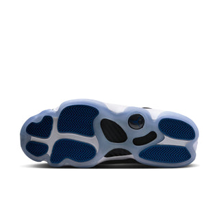 Men's black sneakers with white outsole and blue tread pattern