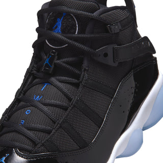 Men's black mid-top sneaker upper with blue pull tab, laces, and strap