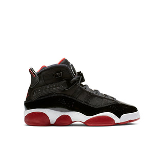 Youth high-top basketball sneakers, black with red and white accents, lace-up