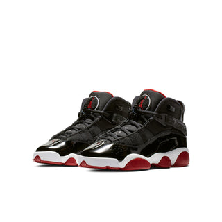 Youth high-top sneakers, black upper with glossy finish, red and white sole