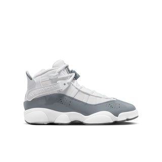 Youth high-top sneakers in white and cool grey, lace-up, cushioned sole.